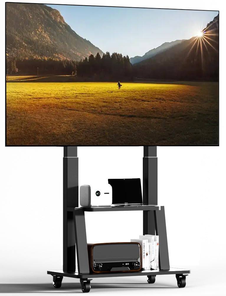 Hanke - Mobile Tv Cart With Power Outlet Rolling Stand On Wheels For 32- Television Height Adjustable 15 Viewing An - Flat 42-100 inch