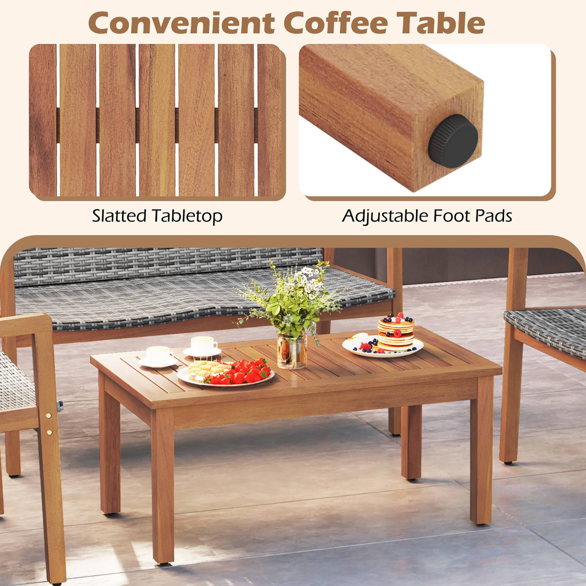 Convenient Coffee Table: Slatted Tabletop & Adjustable Foot Pads