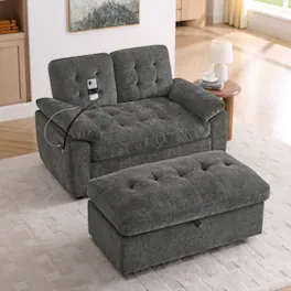 LUCKY ONE - Double Sofa Recliner with Manual Adjustable Backrest,USB Port,Phone Stand and Storage Ottoman - Gray