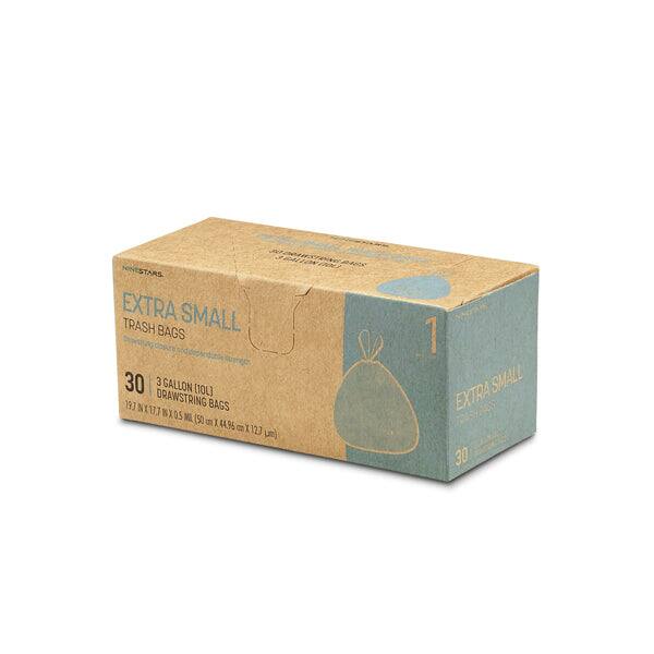 NINESTARS EXTRA SMALL TRASH BAGS  
Dependable Strength  
30 3 GALLON (10L) DRAWSTRING BAGS  
19" W x 17" H x 1" D  
50 in 1  
$44.95 - 123 units  
1 SMALL EXTRA