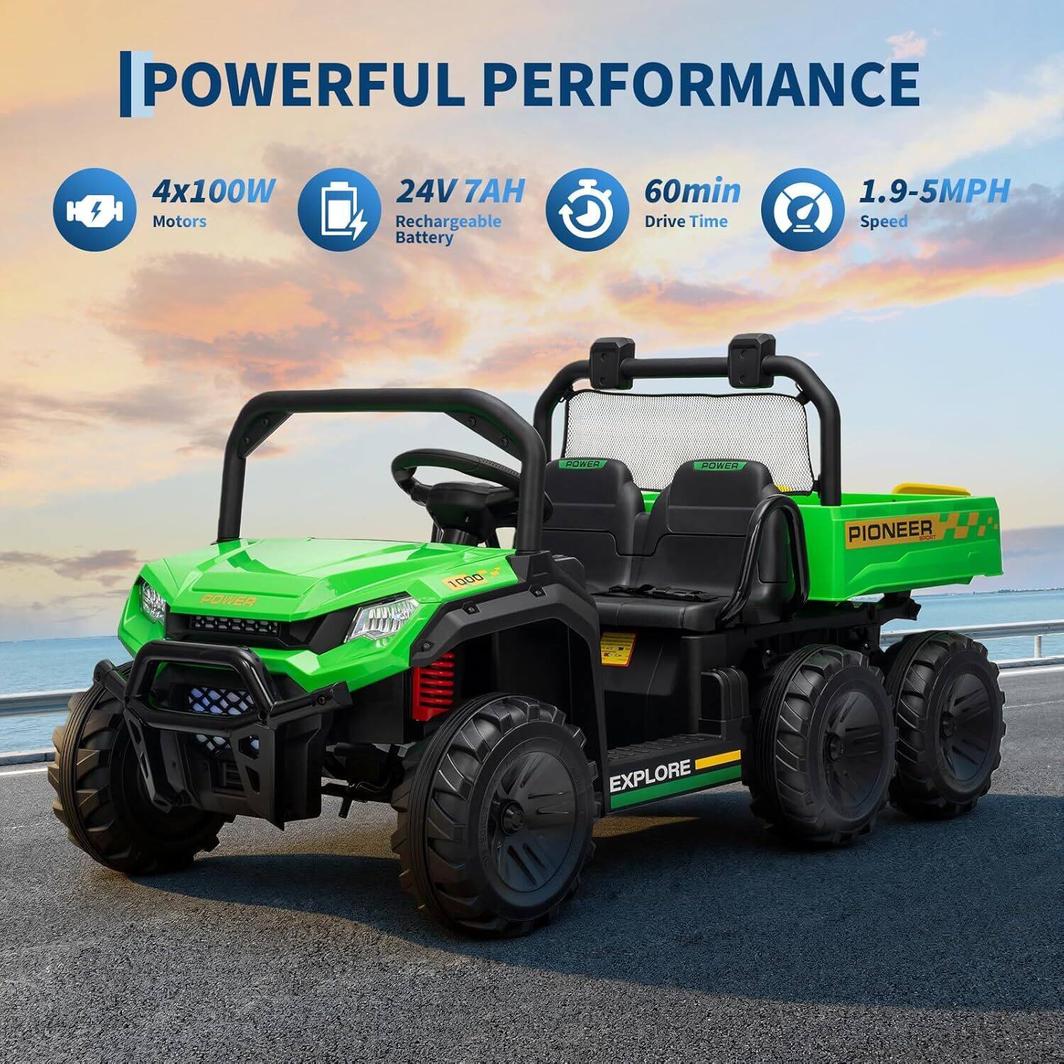 POWERFUL PERFORMANCE

- 4x100W Motors
- 24V 7AH Rechargeable Battery
- 60min Drive Time
- 1.9-5MPH Speed

DURER DURER PIONEER H POWER 1000 EXPLORE