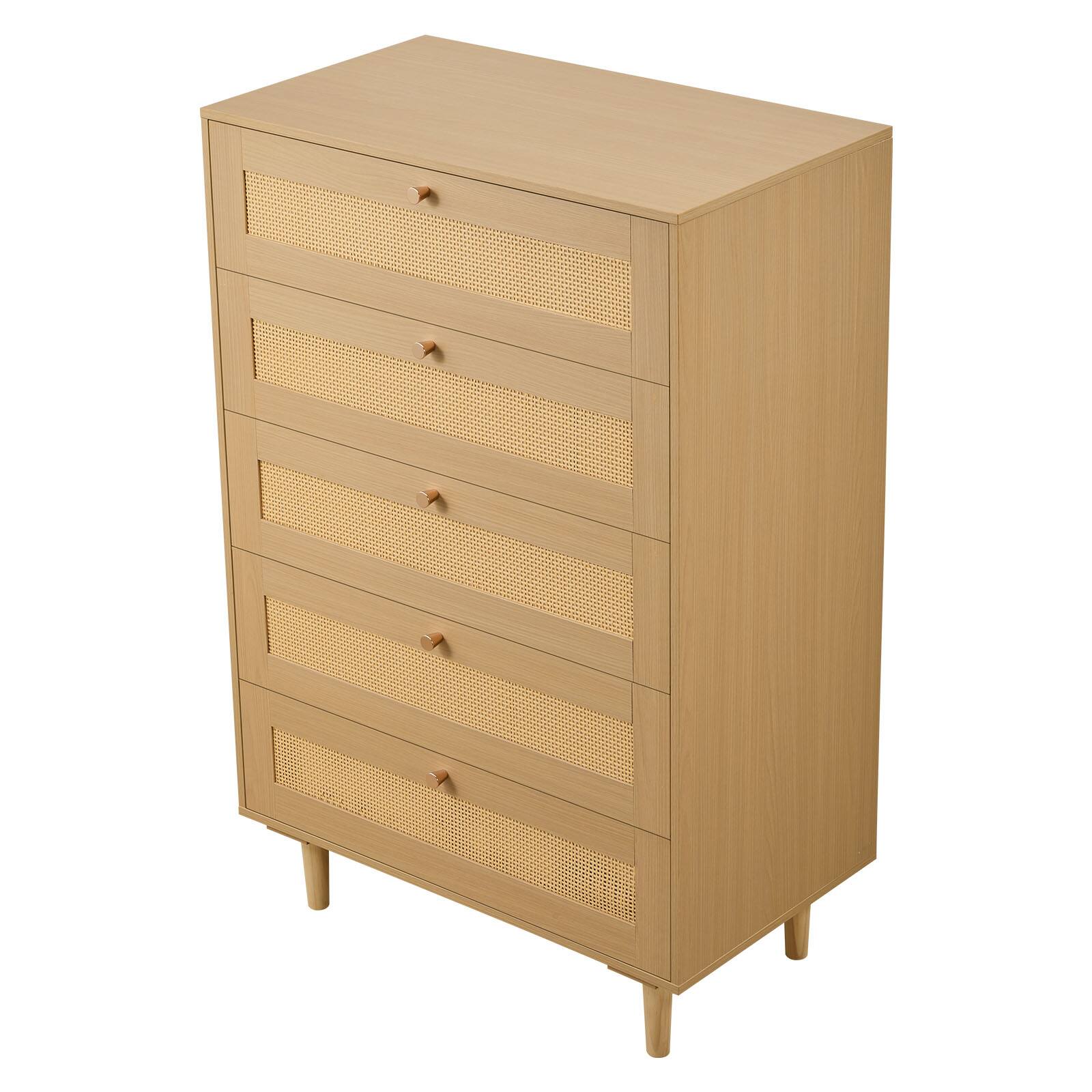 Alt View 5. VEVOR - 5 Drawer Rattan Dresser, Modern Closet Dresser for Bedroom, Natural Rattan Chest of Drawers with Metal Handles - Natural Wood.
