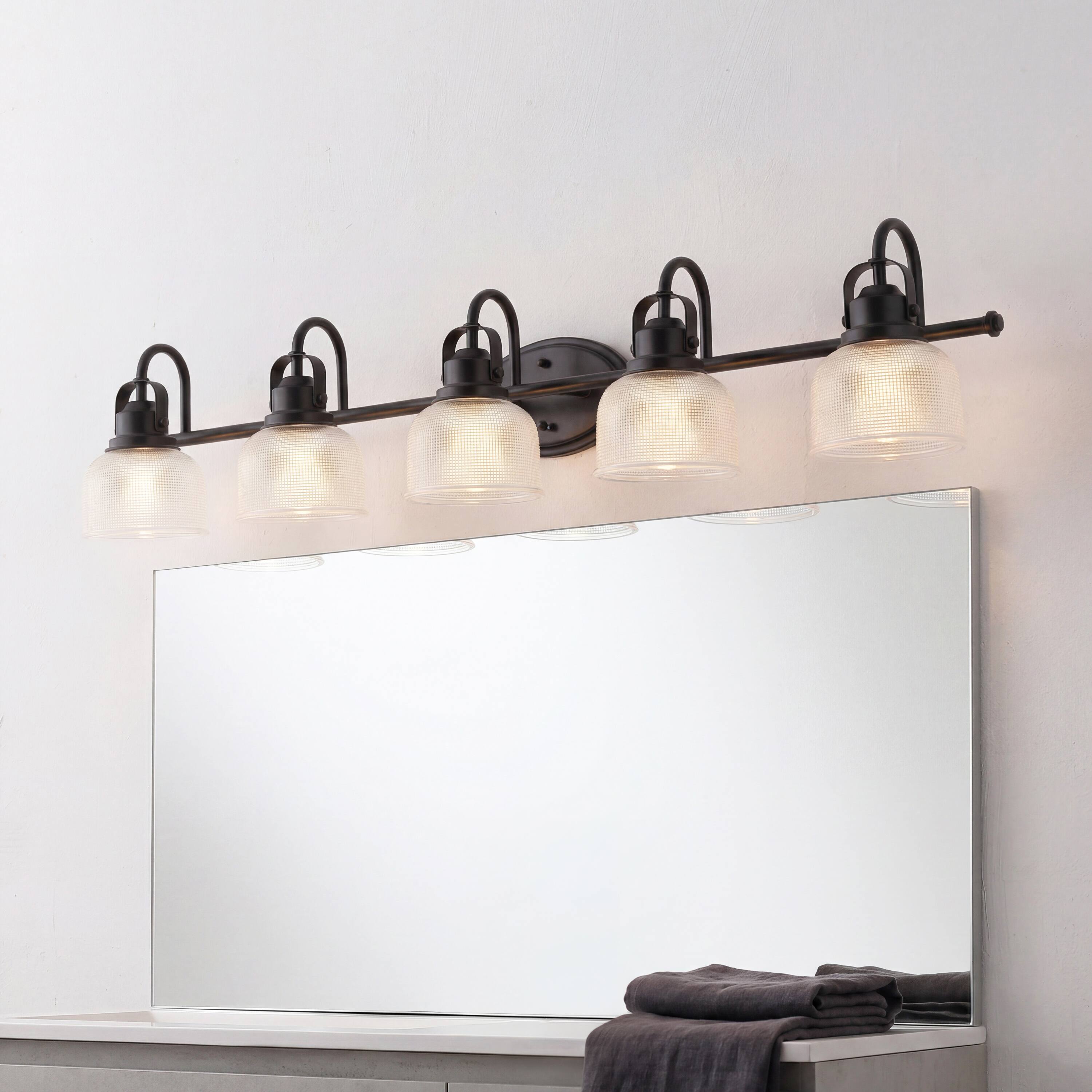 Alt View 1. Jonathan Y - Virginia 42.75" 5-Light Black Metal Modern Bathroom Vanity Light with Clear Glass Shades and Dimmable LED Bulbs - Black.