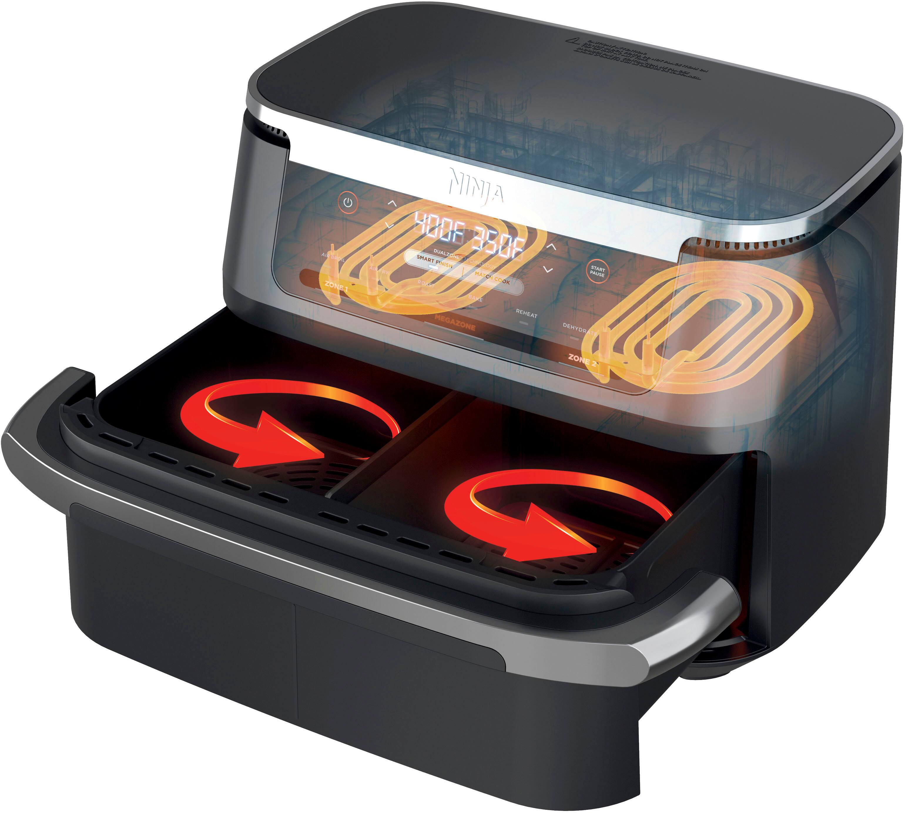 The image features a Ninja 4008 350F toaster oven. The oven has a digital display and is designed to cook food quickly and efficiently. The oven is currently empty, with no food items inside.