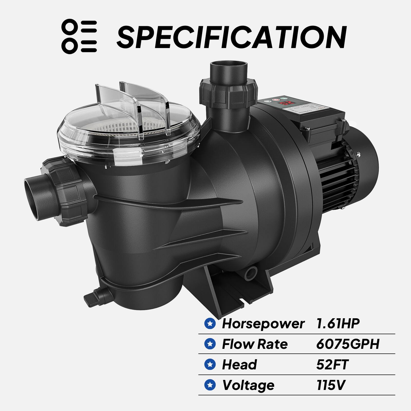 Winado 1.61HP Pool Pump with 24 Hour Timer, 6075 GPH Flow Rate, 2 ...
