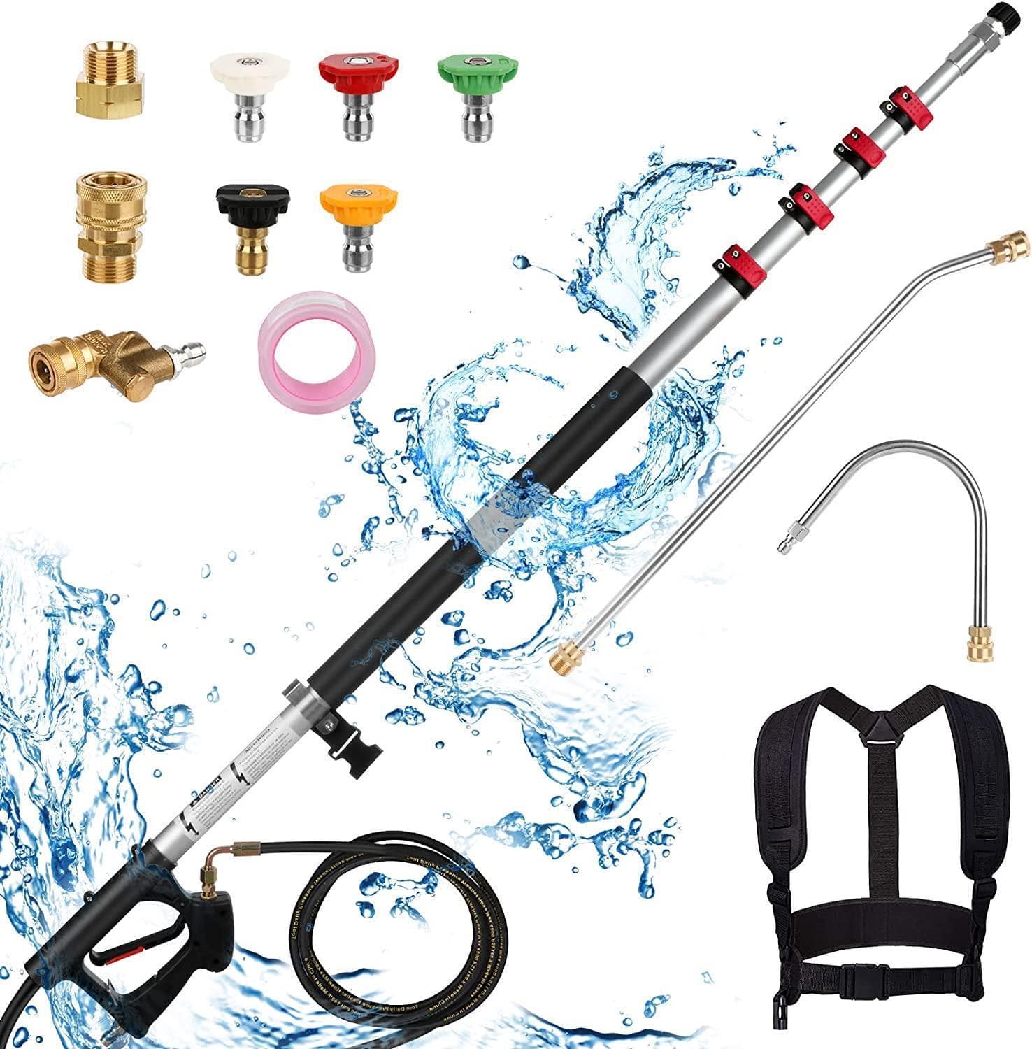Winado - 24FT Pressure Washer Extension Wand 4000PSI High Pressure Washer Wand with 5 Spray Nozzles for Roof, Car, Deck Cleaning - Silver & Black