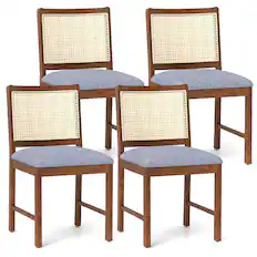 Front. Gymax - Gymax Rattan Dining Chair Set of 4 w/ Rubber Wood Frame Linen Fabric Padded Seat - Brown, Grey, Yellow.