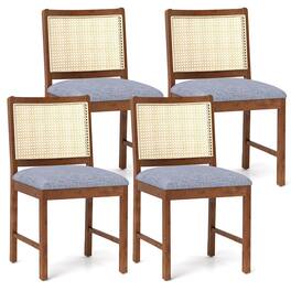 Gymax - Rattan Dining Chair Set of 4 w/ Rubber Wood Frame Linen Fabric Padded Seat - Brown, Grey, Yellow