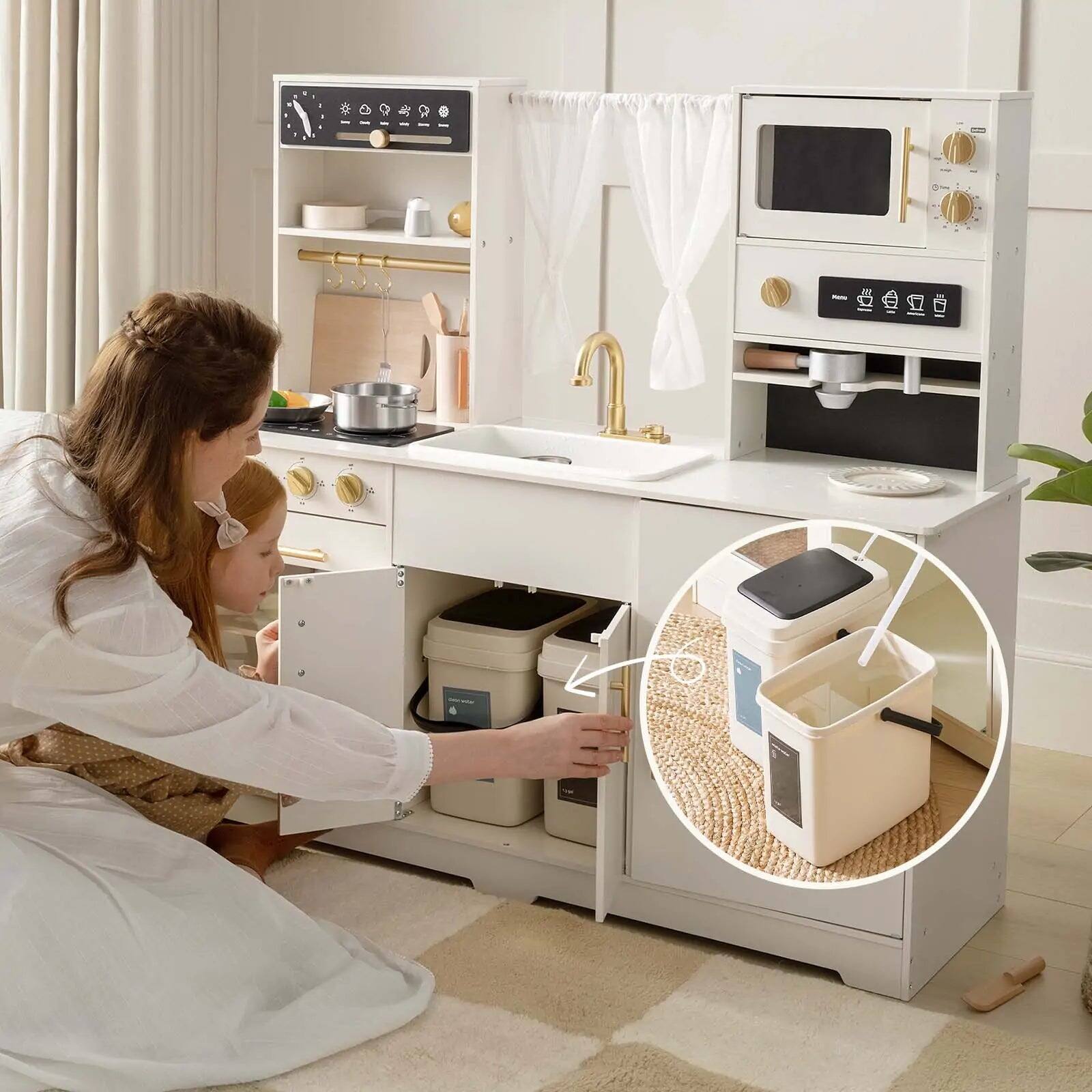Back. Tiny Land - Wooden Play Kitchen for Kids Ages 3+, Pretend Kitchen Set with Running Water, Sink, Oven, Microwave & Coffee Maker - Cream.