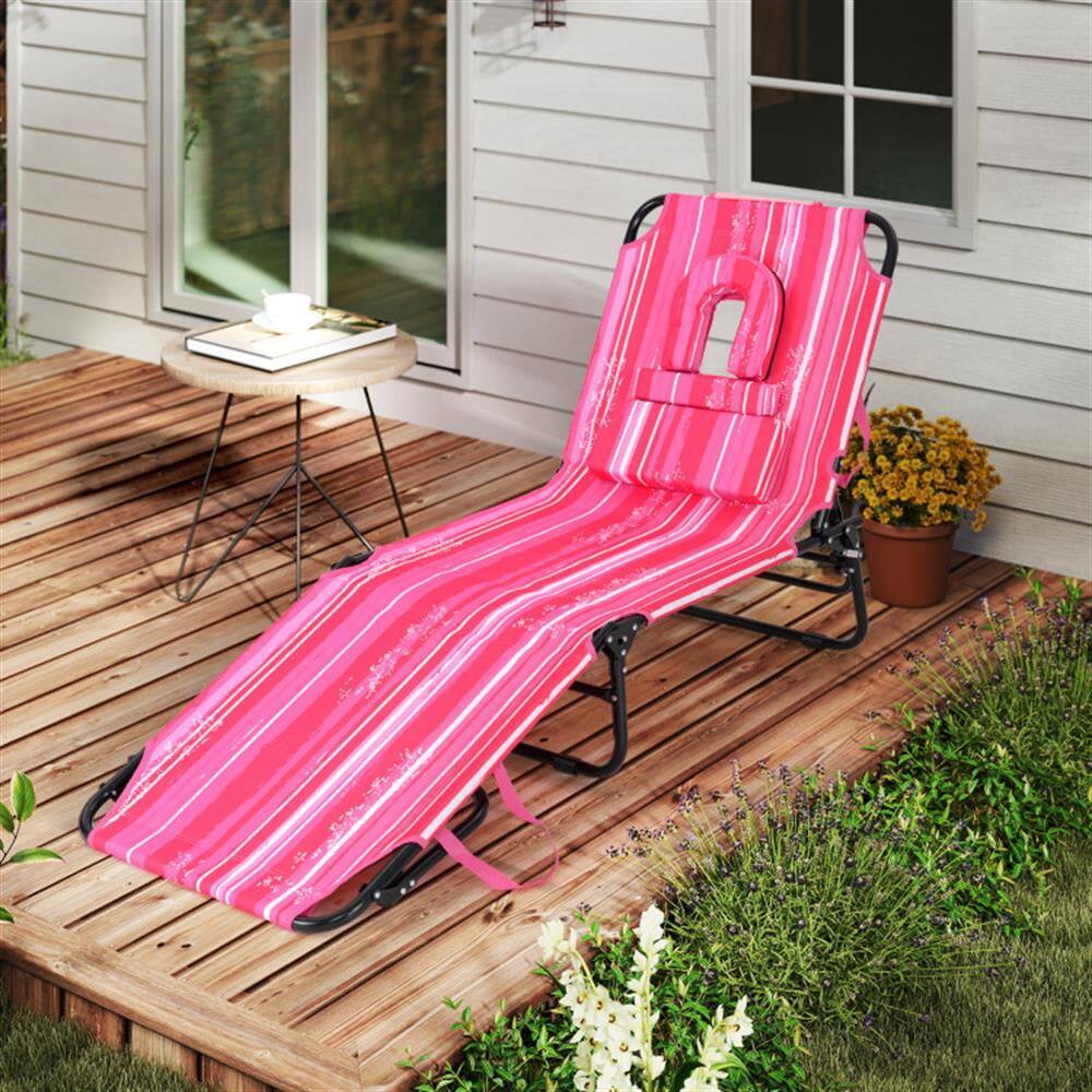 Alt View 1. Kadyn - Lounge Chair Outdoor, Patio Lounge Chair,Beach Chaise Lounge Chair with Face Hole and Removable Pillow-Hot Pink - Pink.