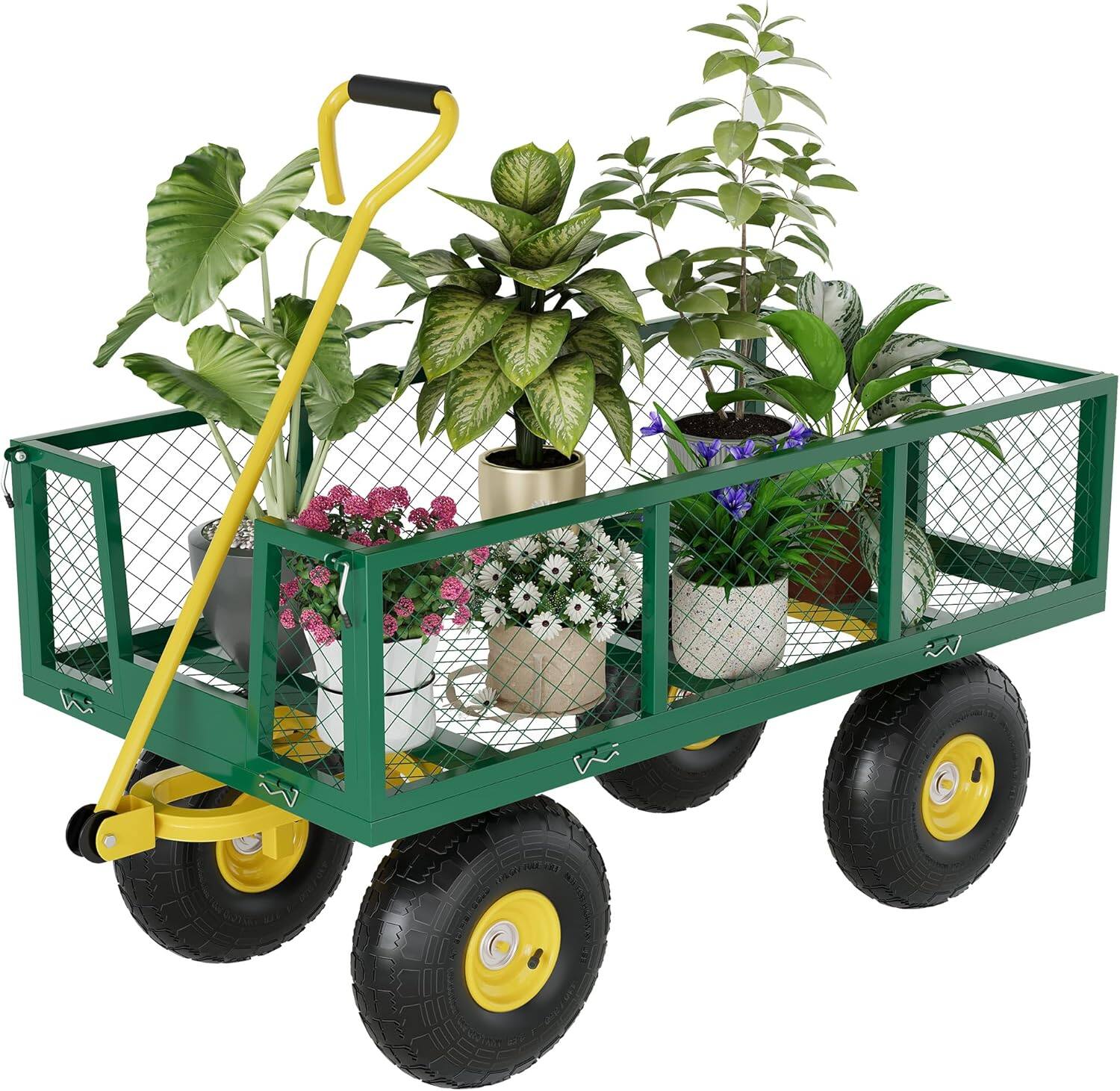 Acekool - Yard Cart, 900 LBS Capacity, 10" Pneumatic Tires, Convertible Flatbed, Heavy Duty Steel Utility Wagon - Green