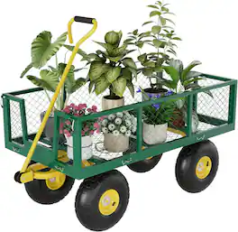 Acekool - Yard Cart, 900 LBS Capacity, 10" Pneumatic Tires, Convertible Flatbed, Heavy Duty Steel Utility Wagon - Green