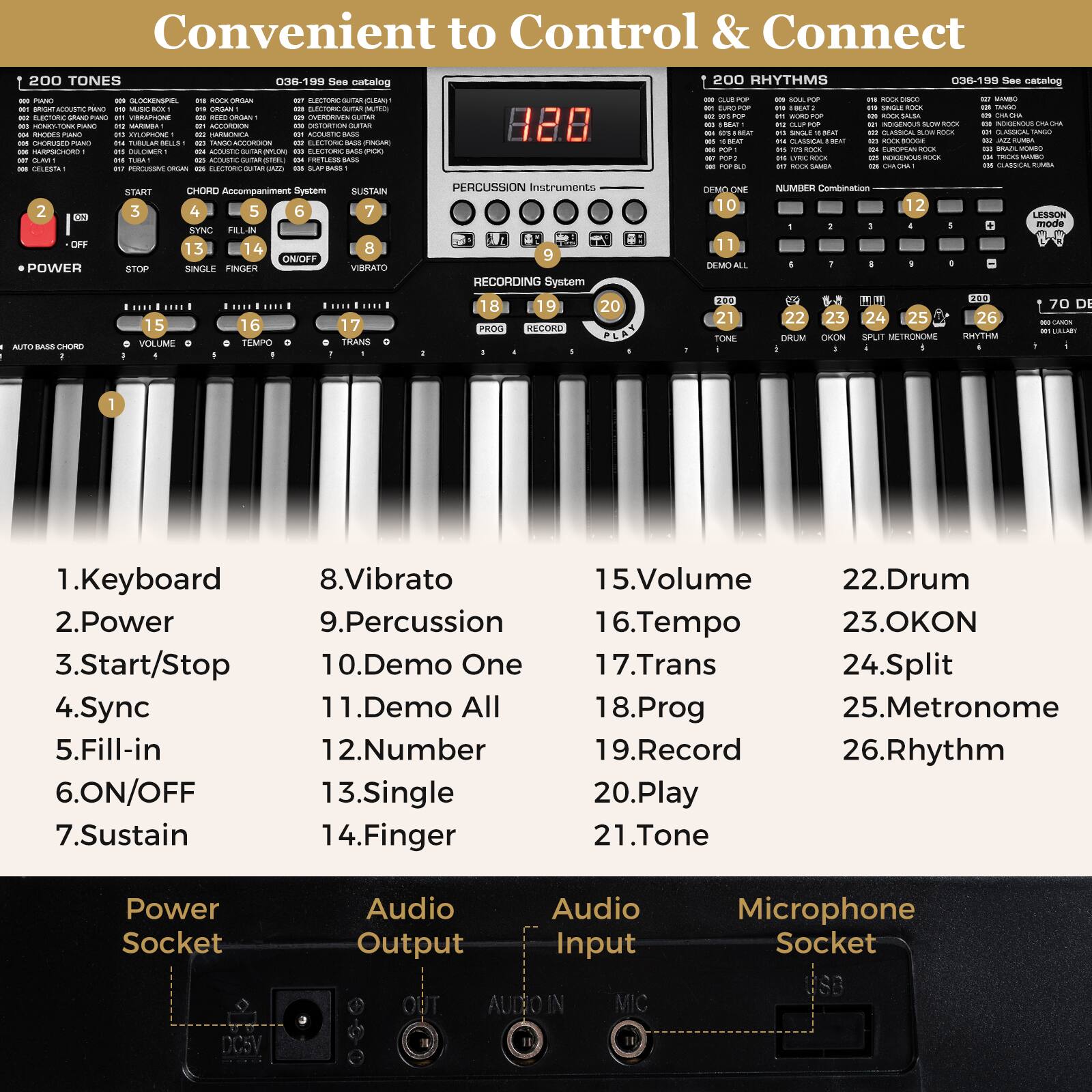 Convenient to Control & Connect

200 TONES  
038-199 See catalog

200 RHYTHMS  
038-199 See catalog

CHORD Accompaniment System  
SUSTAIN

PERCUSSION Instruments

RECORDING System

1. Keyboard  
2. Power  
3. Start/Stop  
4. Sync  
5. Fill-in  
6. ON/OFF  
7. Sustain  
8. Vibrato  
9. Percussion  
10. Demo One  
11. Demo All  
12. Number  
13. Single  
14. Finger  
15. Volume  
16. Tempo  
17. Trans  
18. Prog  
19. Record  
20. Play  
21. Tone  
22. Drum  
23. OKON  
24. Split  
25. Metronome  
26. Rhythm

Power Socket  
Audio Output  
Audio Input  
Microphone Socket