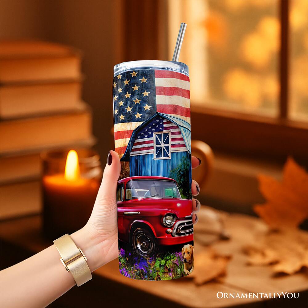 Left. OrnamentallyYou - Rustic Old Red Truck and Country Barn 20oz Tumbler With Lid and Stainless Steel Straw - Multicolored.
