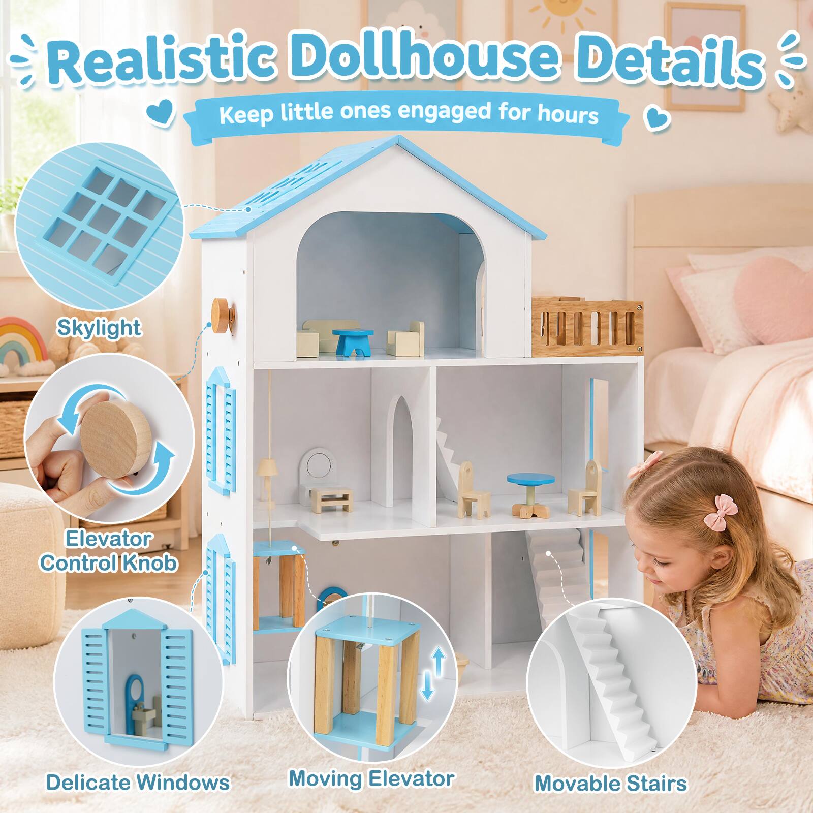 Realistic Dollhouse Details
Keep little ones engaged for hours

- Skylight
- Elevator Control Knob
- Delicate Windows
- Moving Elevator
- Movable Stairs