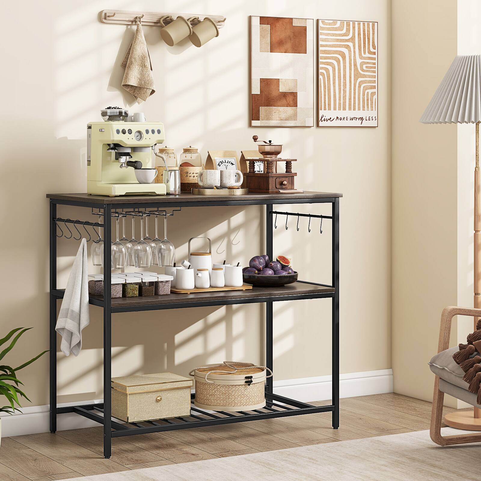 SlickBlue - Kitchen Island with 3 Shelves Wine Glass Holders and 10 Hooks-Gray - Multi