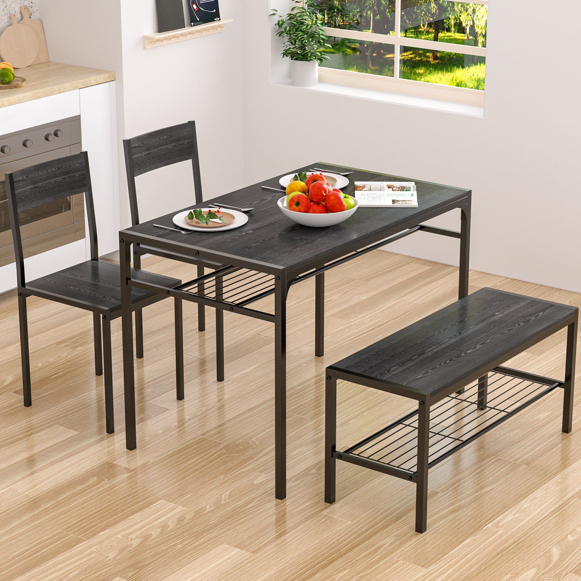 Vecelo - Industrial Modern Dining Table Set for 4 with Bench, Space-Saving Kitchen Table Set with Storage Racks - Black