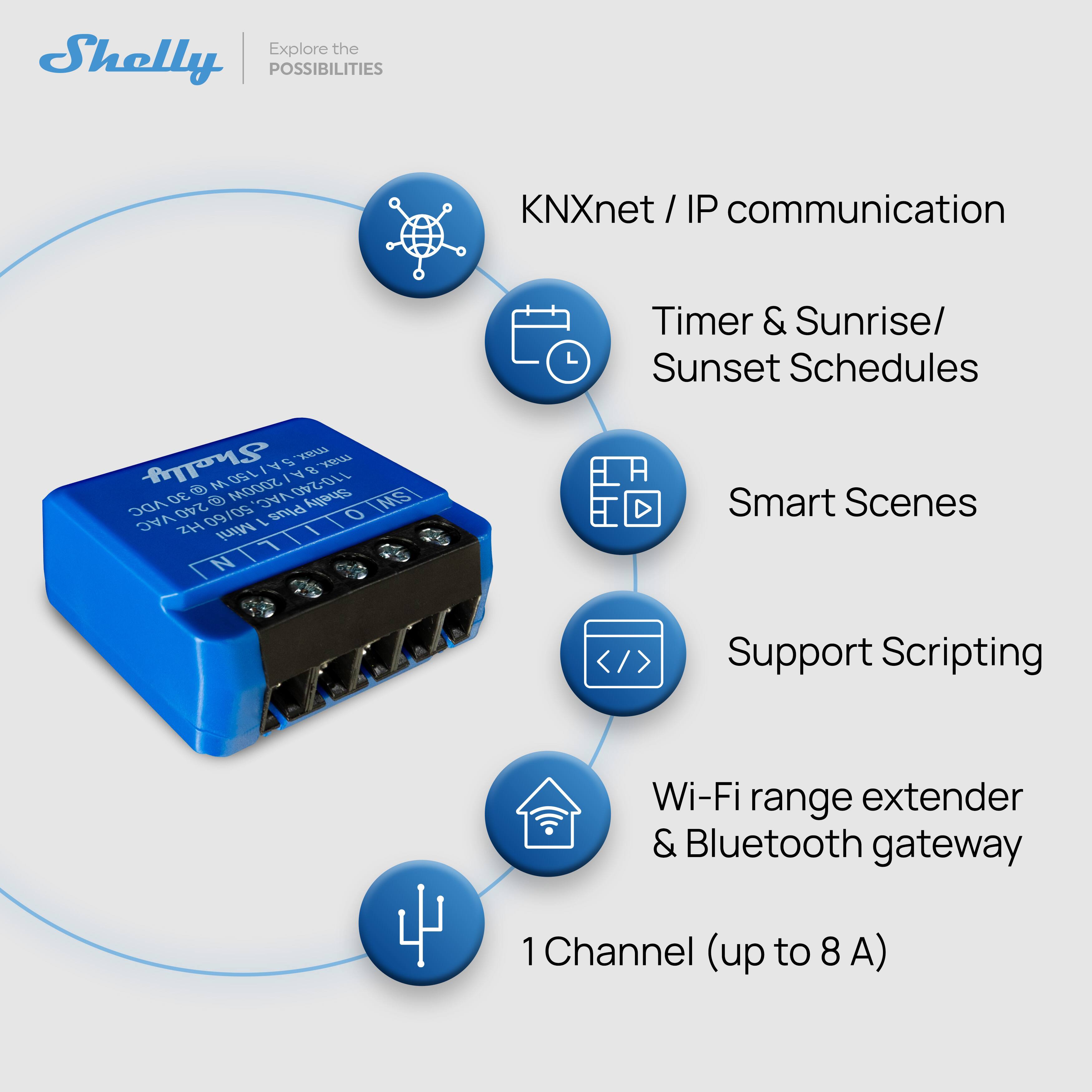 Explore the POSSIBILITIES

- KNXnet / IP communication
- Timer & Sunrise/ Sunset Schedules
- Smart Scenes
- Support Scripting
- Wi-Fi range extender & Bluetooth gateway
- 1 Channel (up to 8 A)

Shelly 1 Mini

- 110-240 VAC
- 50/60 Hz
- 8 ADC
- 30 A
- 240 VAC
- 1 Channel (up to 8 A)
- Wi-Fi range extender & Bluetooth gateway
- Smart Scenes
- Support Scripting
- Timer & Sunrise/ Sunset Schedules
- KNXnet / IP communication