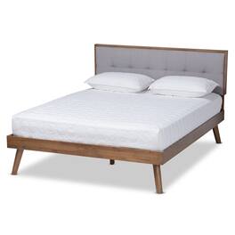 Baxton Studio - Alke Mid-Century Modern Fabric Upholstered Walnut Brown Finished Wood Platform Bed - Light Grey/Walnut