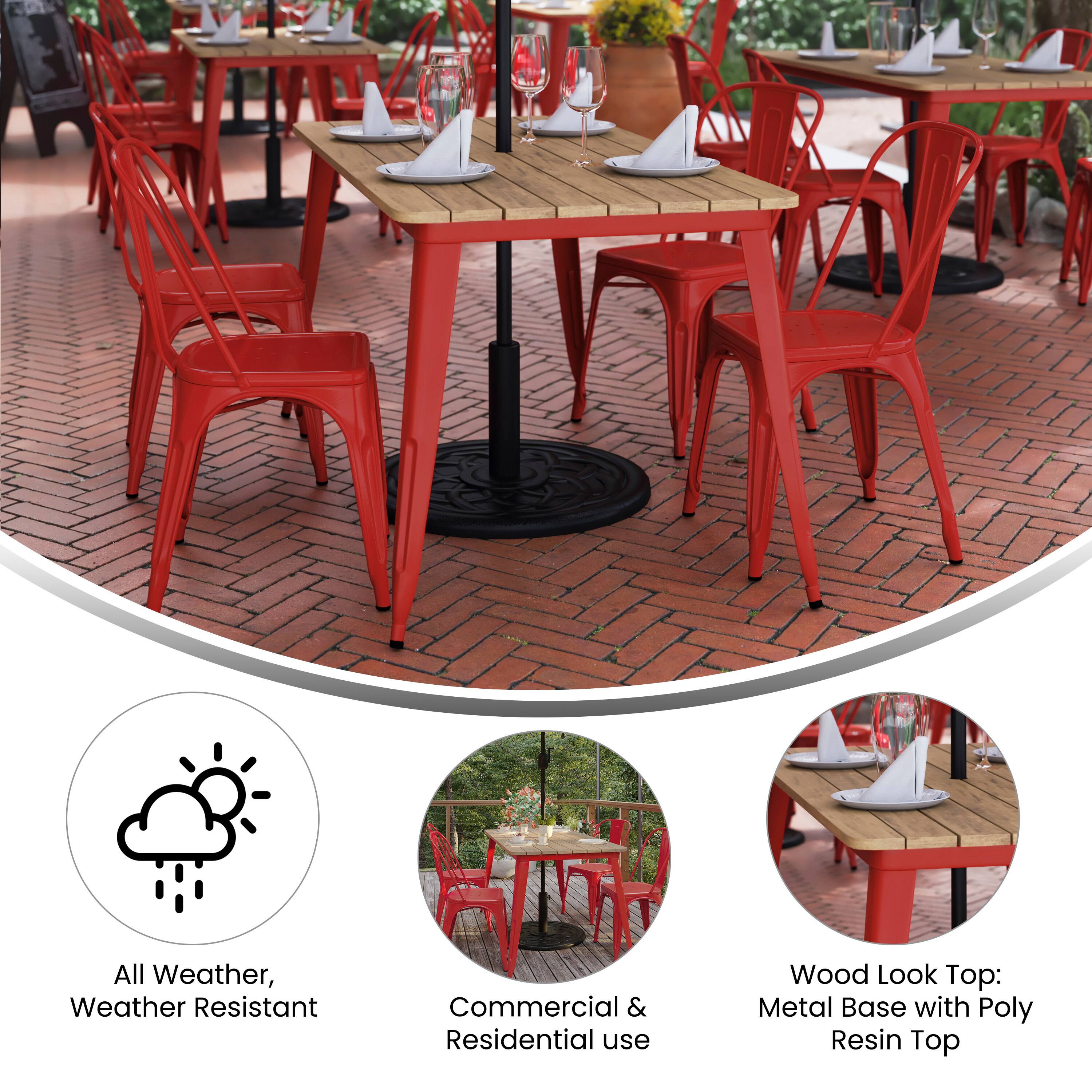 All Weather, Weather Resistant  
Commercial & Residential use  
Wood Look Top: Metal Base with Poly Resin Top