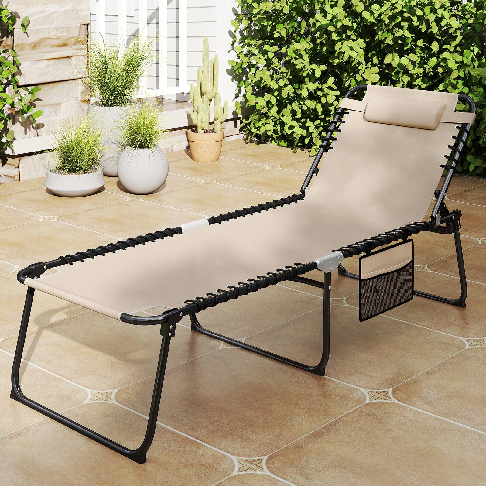 Alt View 3. Costway - Costway 2 PCS Oversize Folding Chaise Lounge with Adjustable Backrest Pillow Pocket - Beige.