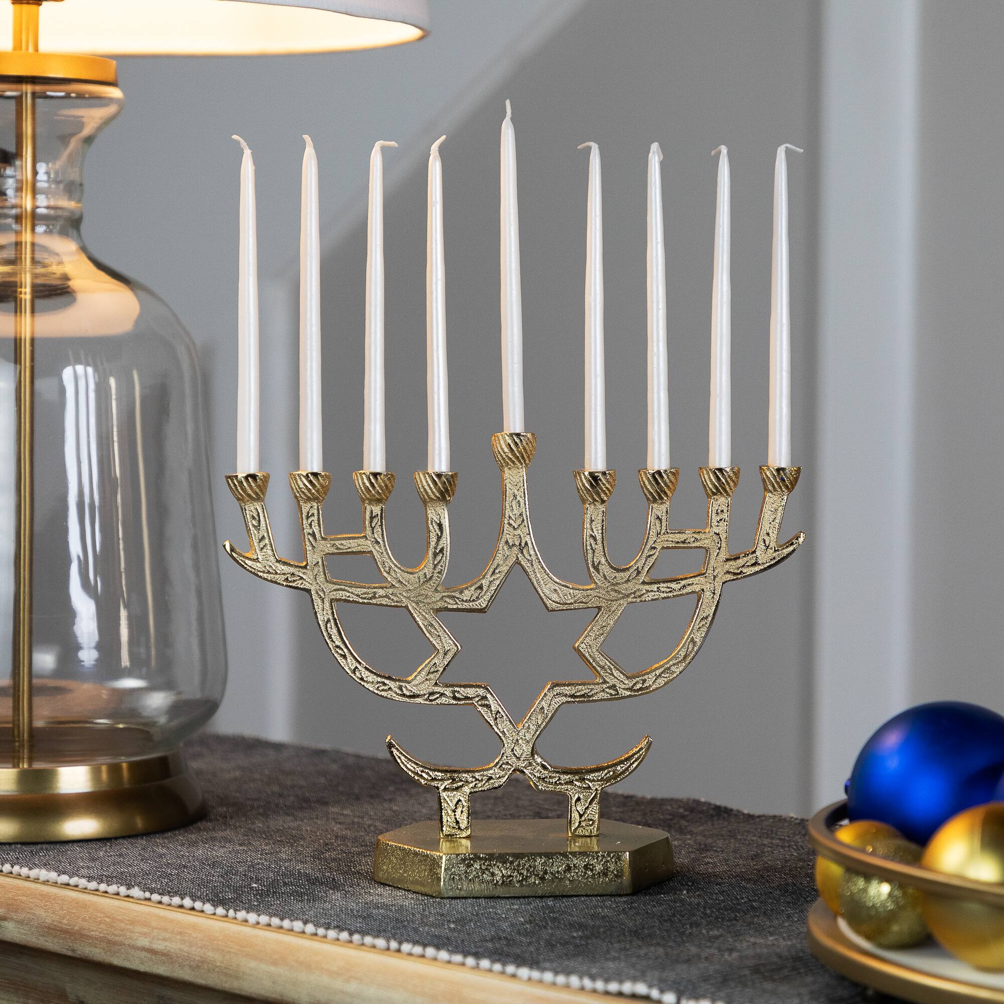 Front. Northlight - Embossed Metal Hanukkah Menorah with Star of David - 10" - Gold - Gold.