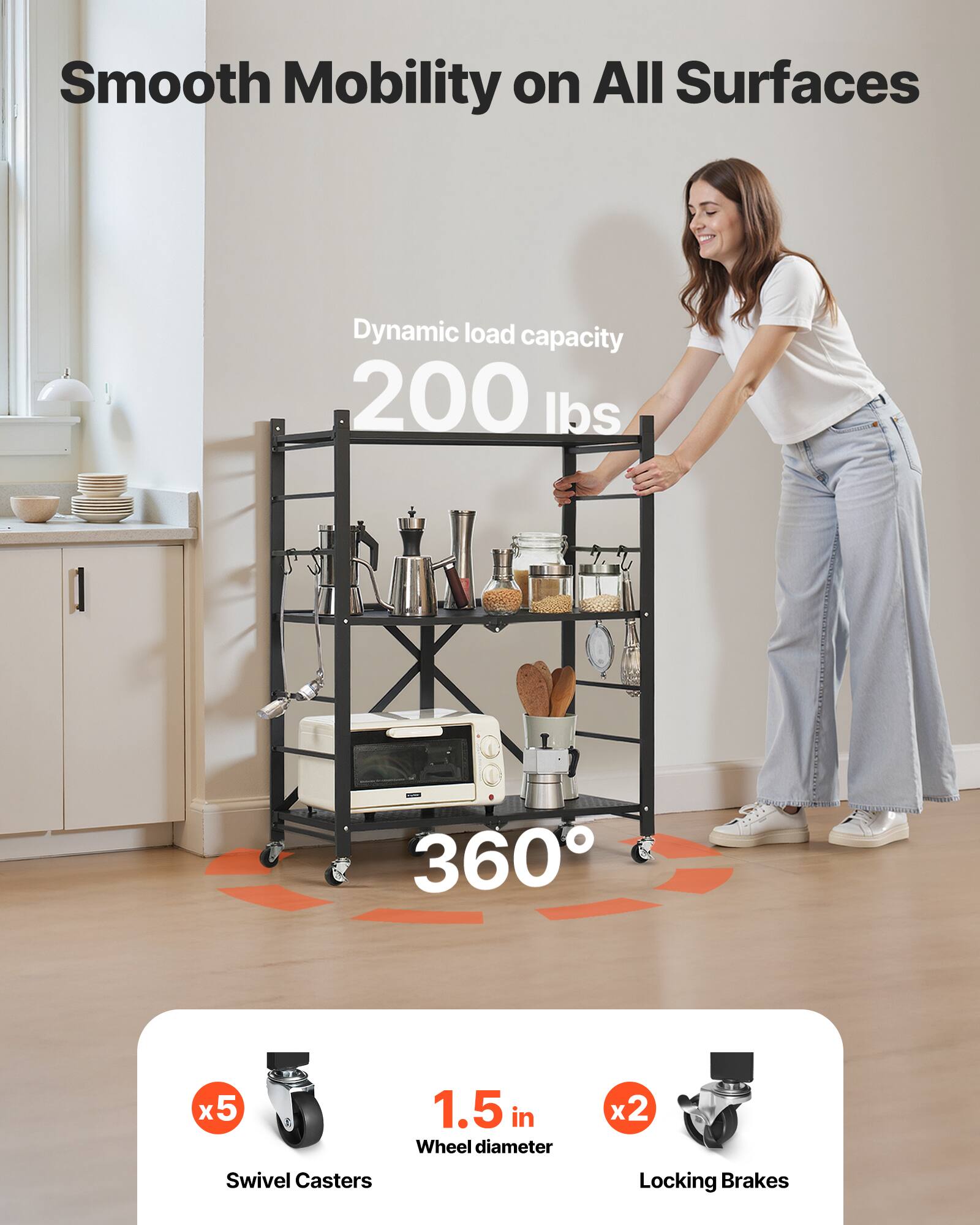 Smooth Mobility on All Surfaces, Dynamic load capacity 200 lbs, 360°, x5 Swivel Casters, 1.5 in Wheel diameter, x2 Locking Brakes