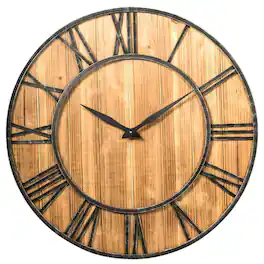 Hivvago - Round 30-inch Roman Numeral Silent Wood Metal Farmhouse Wall Clock - Brown