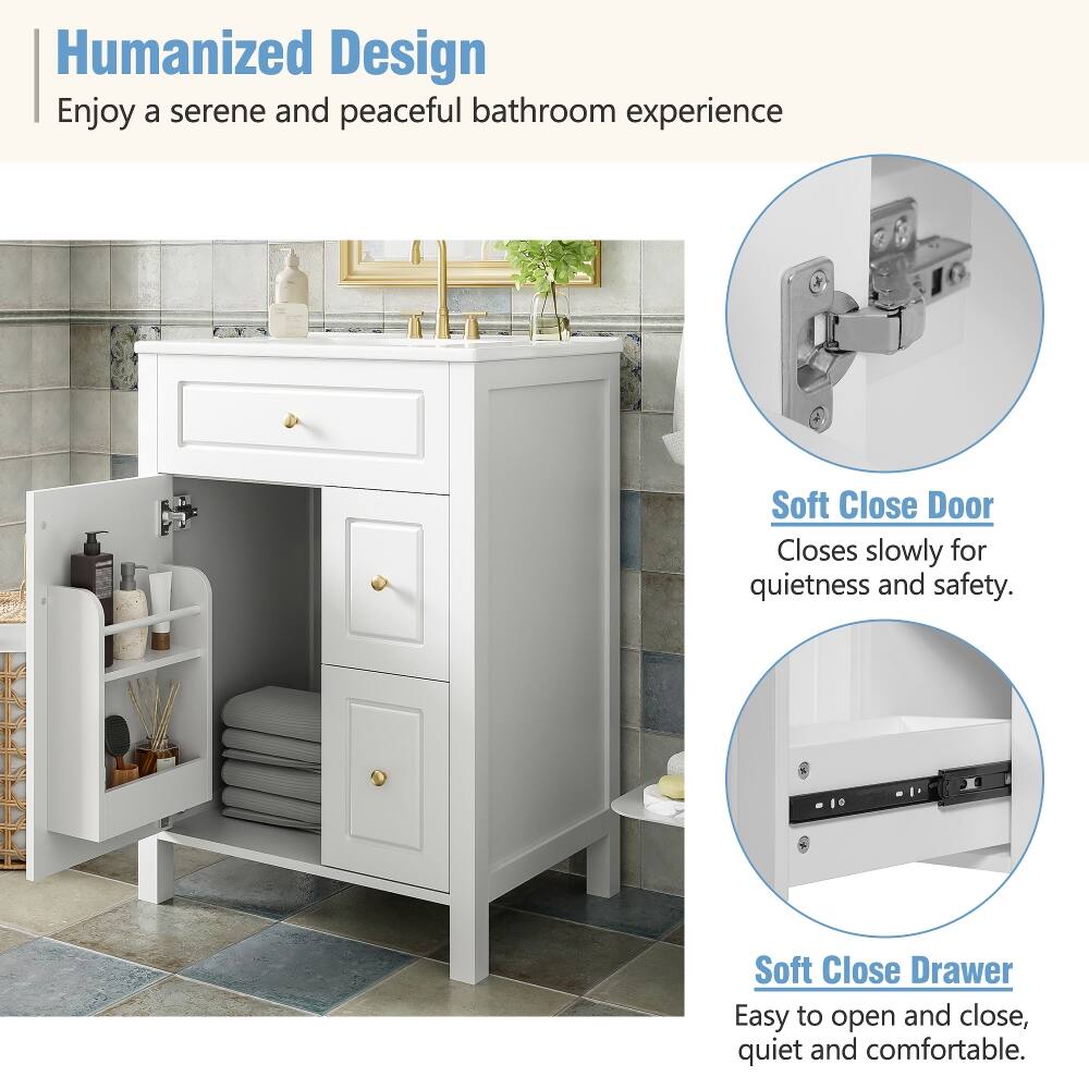 Humanized Design  
Enjoy a serene and peaceful bathroom experience

Soft Close Door  
Closes slowly for quietness and safety.

Soft Close Drawer  
Easy to open and close, quiet and comfortable.