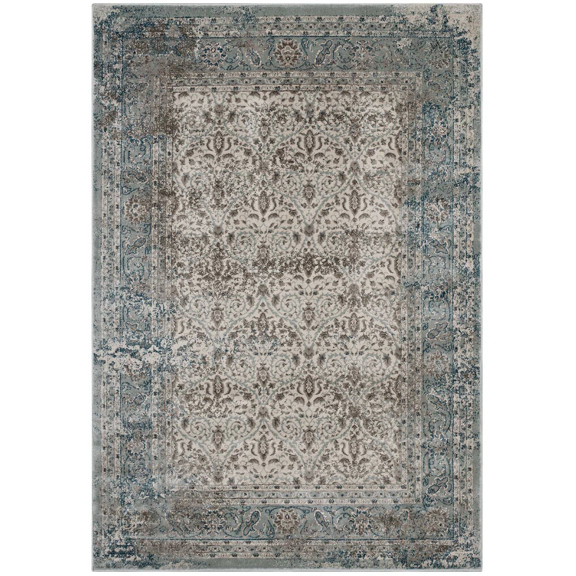 Angle. Modway - Dilys Distressed Vintage Floral Lattice Area Rug - Teal Brown and Beige.