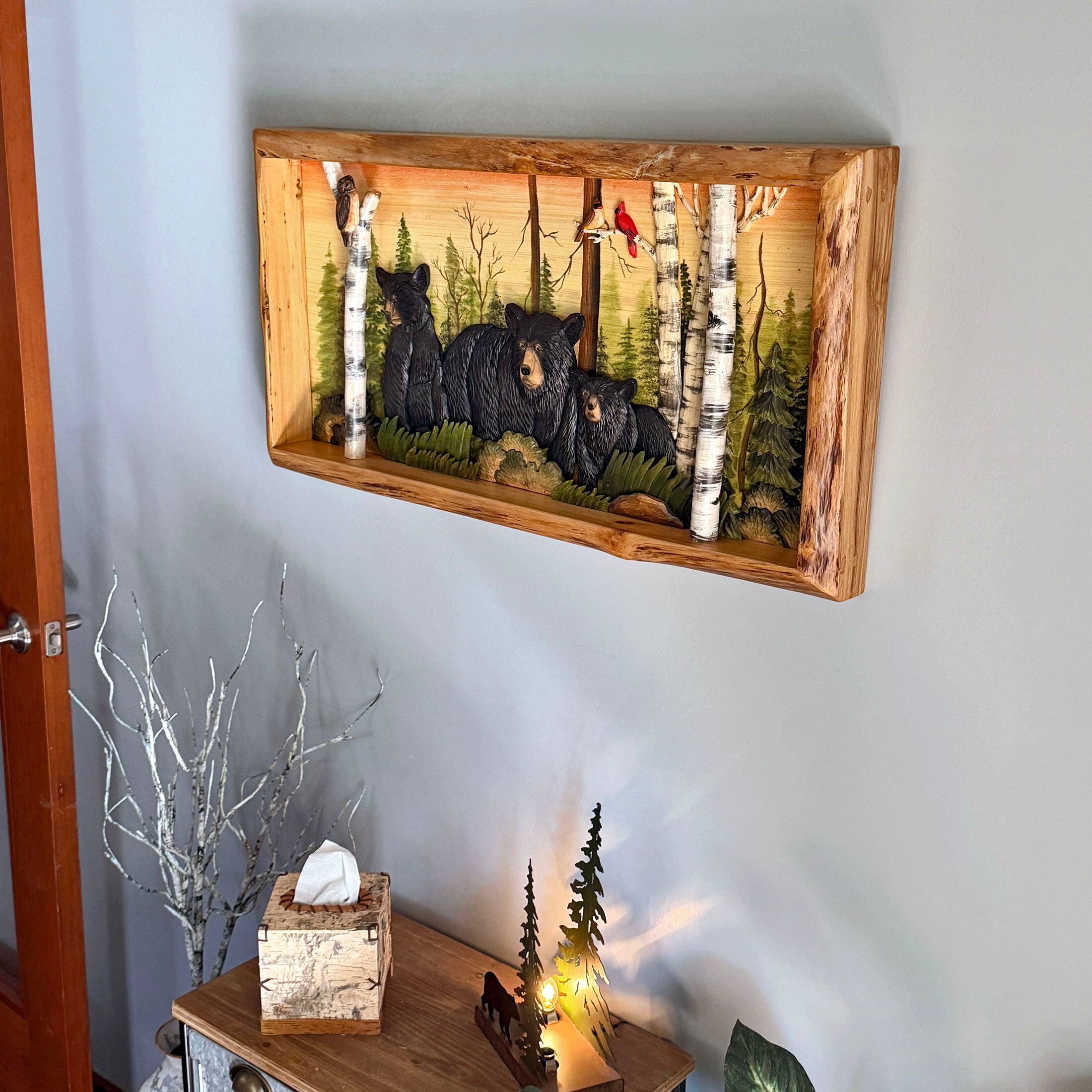 Alt View 4. Zeckos - Rustic Bear Family in Woods Intarsia Wood Wall Sculpture 35.5x18 Indoor - Brown.