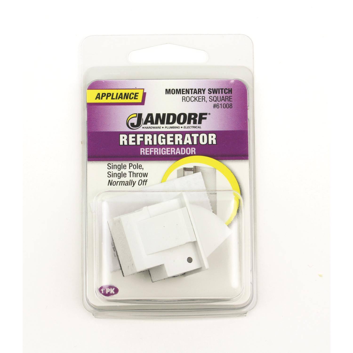 MOMENTARY SWITCH APPLIANCE ROCKER, SQUARE #61008  
JANDORF HARDWARE PLUMBING ELECTRICAL  
REFRIGERATOR REFRIGERADOR  
Single Pole, Single Throw Normally Off  
1 PK