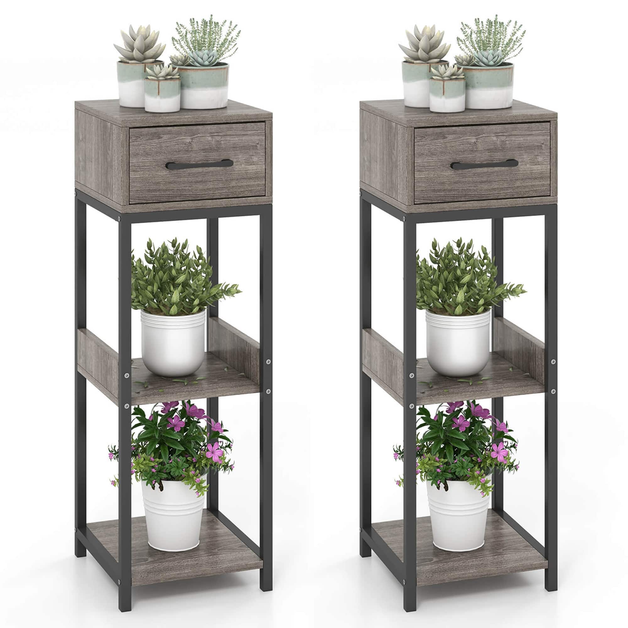 Costway 2 Pack 3 Tier Indoor Tall Plant Stand with Drawer Anti-tipping Devices Display Shelf one_size | CSHY006133