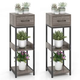 Costway - 2 Pack 3 Tier Indoor Tall Plant Stand with Drawer Anti-tipping Devices Display Shelf - Gray