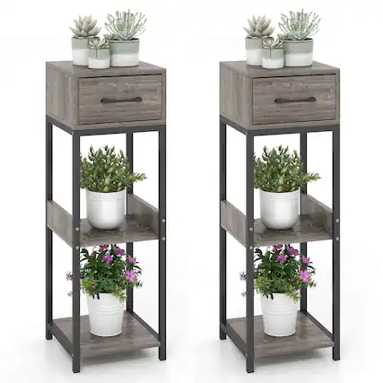 Front. Costway - 2 Pack 3 Tier Indoor Tall Plant Stand with Drawer Anti-tipping Devices Display Shelf - Grey.