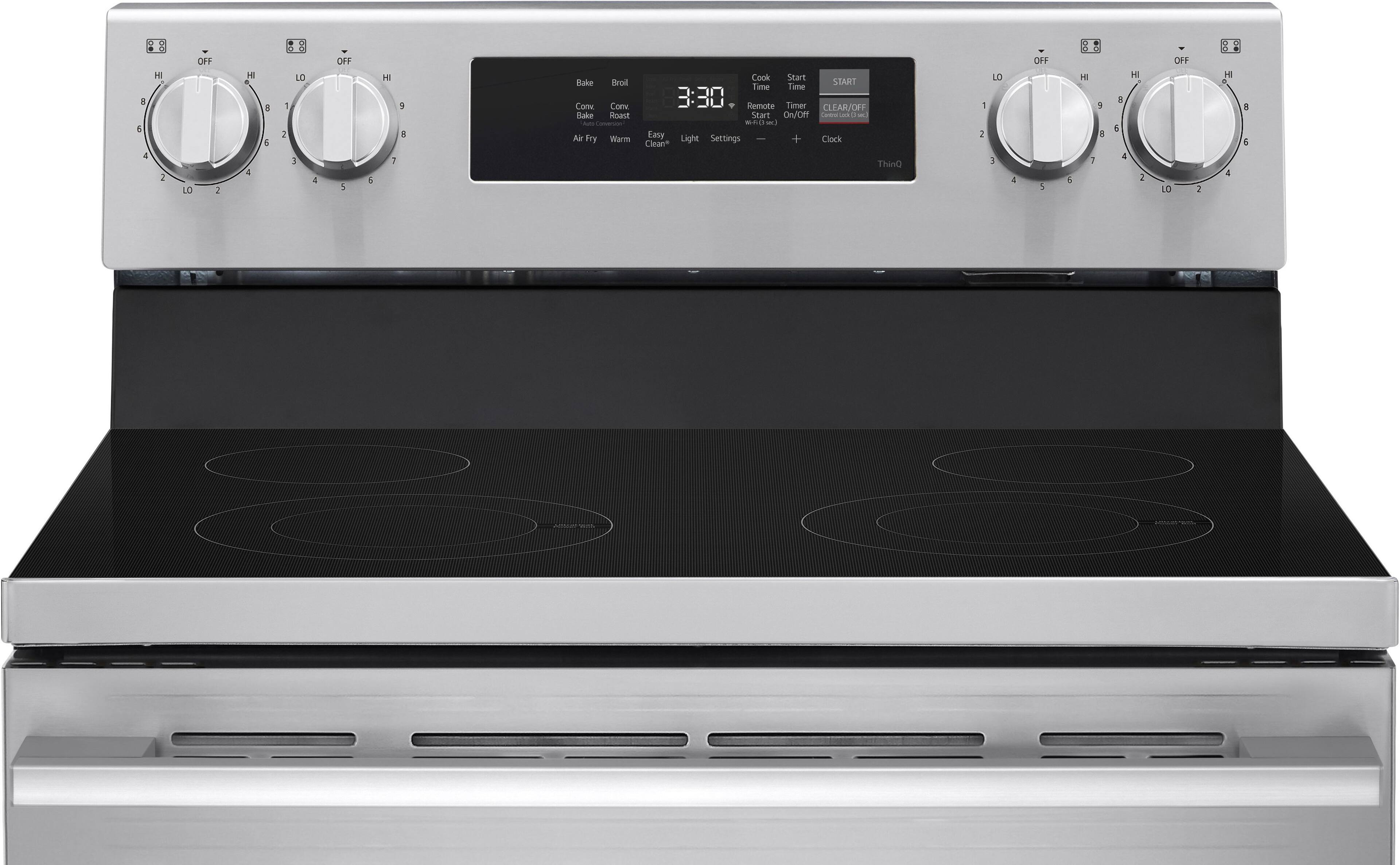 8 6 4 HI + 2 OFF LO 2 H . 4 B 4 1 2 LO 5 4 OFF 1 6 H  2 I Bake Broil Conv Bake Roast Conv Air Fry Warm Cook Start START Time 3 3:30 Remote Timer CLEAR/OFF Start On/Off Co u - - a - Easy Light Settings ee + Clock Clean* ThinQ