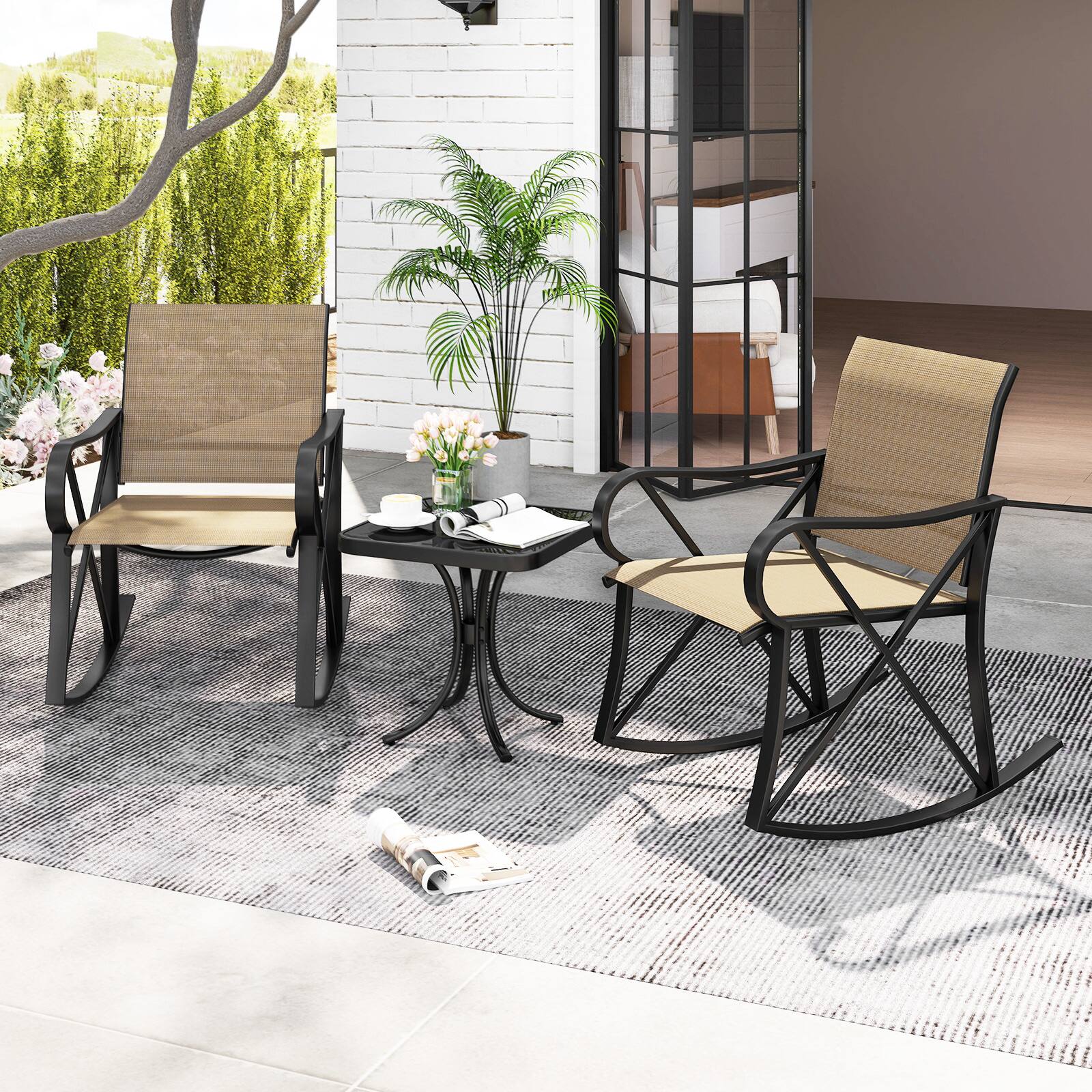 Alt View 3. Gymax - Gymax 3 Piece Patio Rocking Set 2 Rocking Chairs w/ Tempered Glass Side Table Brown - Brown.