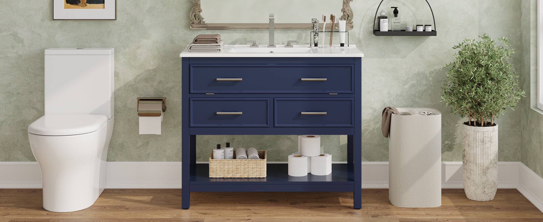 Alt View 8. Boyel Living - 36 Inch Bathroom Vanity with Ceramic Sink Tip Out Tray Full Extension Drawers Soft Close Blue - Blue.