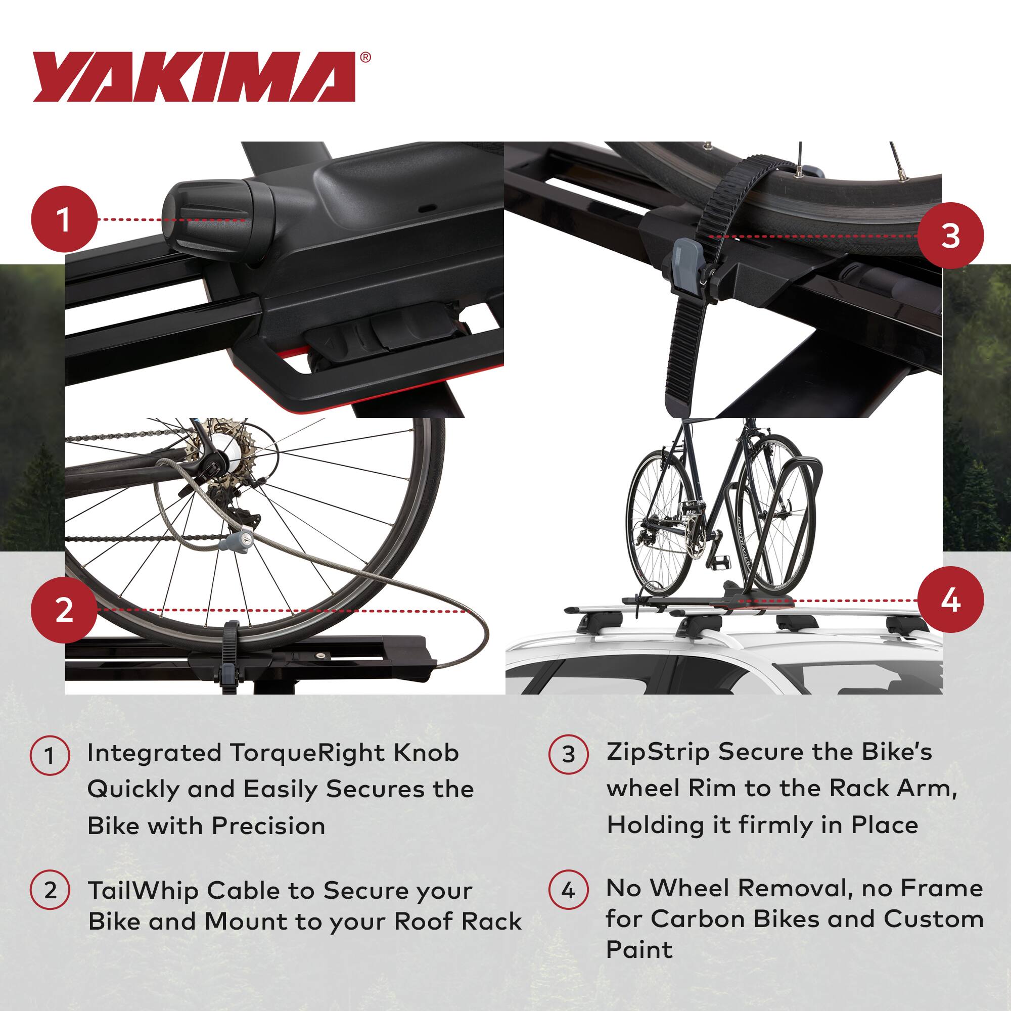 YAKIMA

1. Integrated TorqueRight Knob Quickly and Easily Secures the Bike with Precision
2. TailWhip Cable to Secure your Bike and Mount to your Roof Rack
3. ZipStrip Secure the Bike's wheel Rim to the Rack Arm, Holding it firmly in Place
4. No Wheel Removal, no Frame for Carbon Bikes and Custom Paint