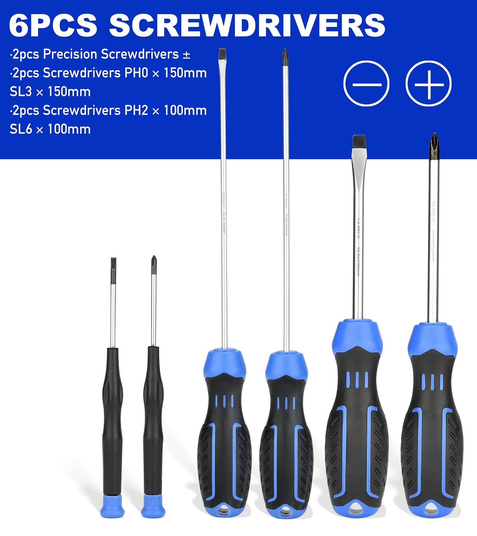 6PCS SCREWDRIVERS

- 2pcs Precision Screwdrivers ±
- 2pcs Screwdrivers PH0 x 150mm SL3 x 150mm
- 2pcs Screwdrivers PH2 x 100mm SL6 x 100mm
