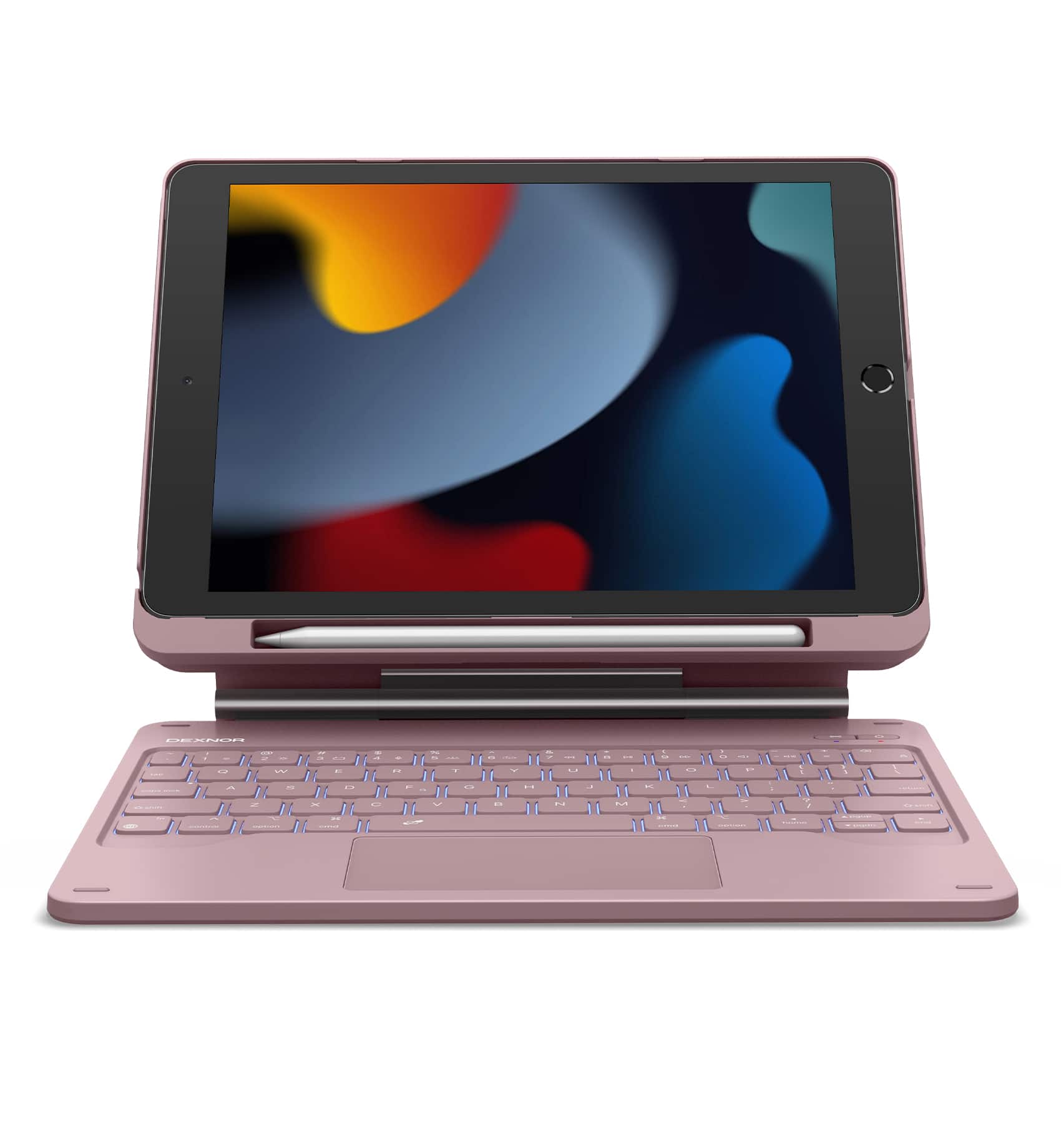 Dexnor - Keyboard & Case for iPad 9th/8th/7th Gen with Cantilever Magnetic Stand,Trackpad,Pencil Holder, Backlit Keyboard - Peony Pink