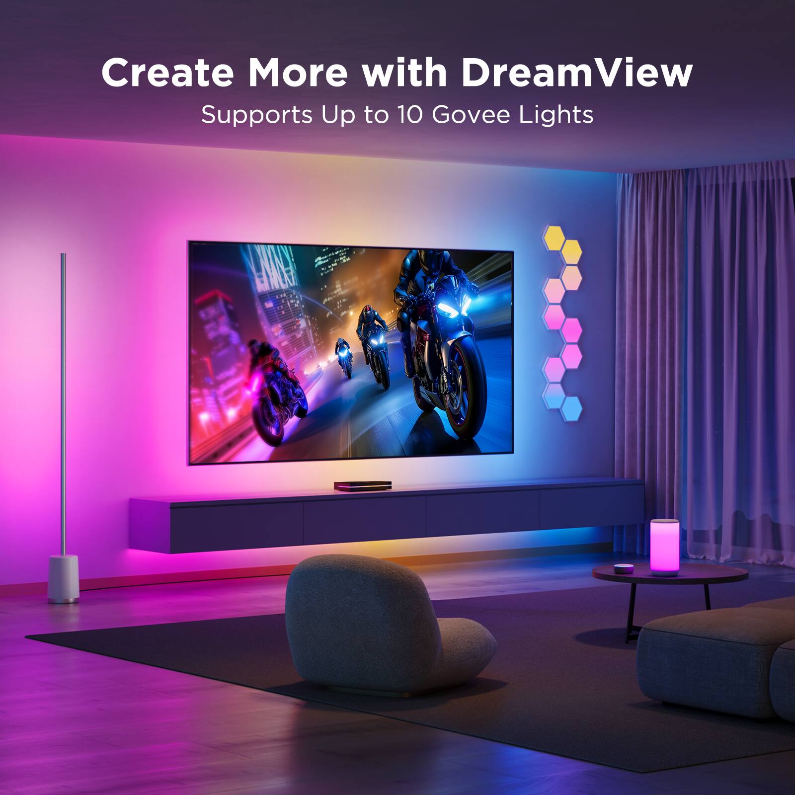 Create More with DreamView  
Supports Up to 10 Govee Lights