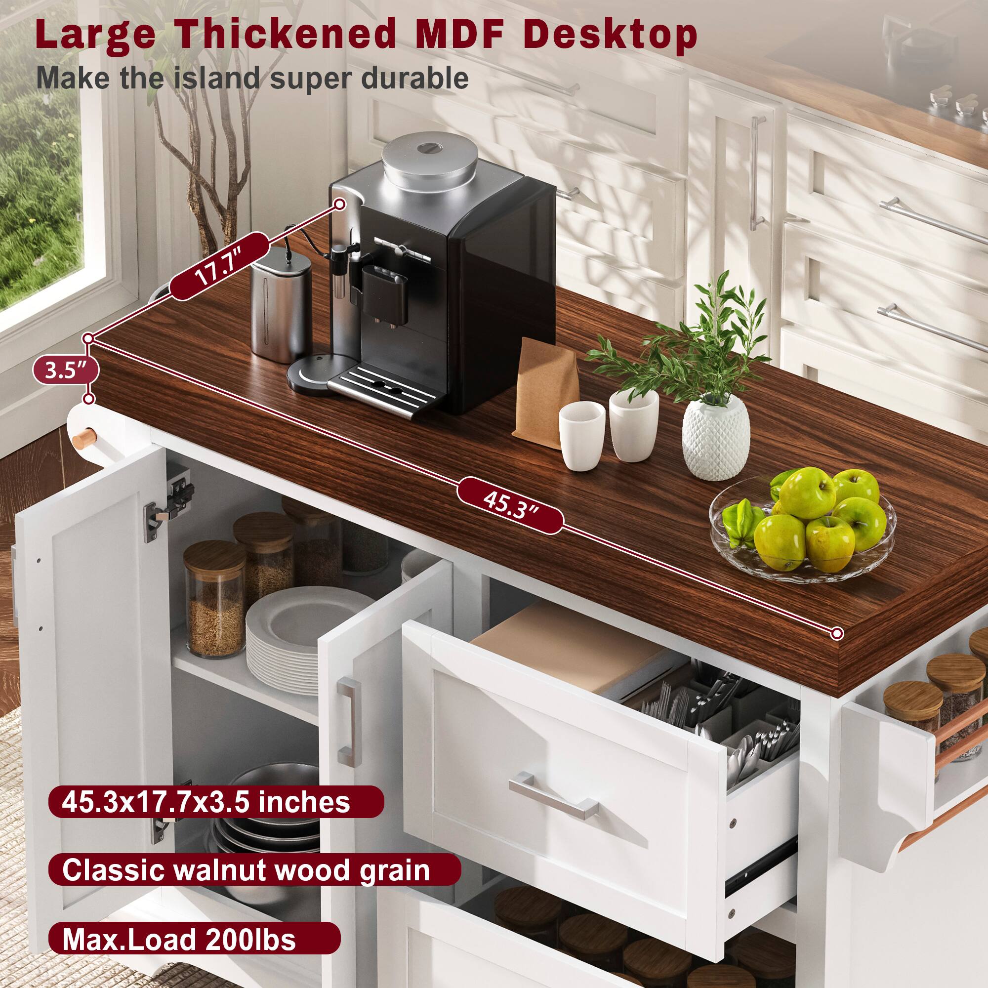 Large Thickened MDF Desktop  
Make the island super durable  

45.3" x 17.7" x 3.5" inches  
Classic walnut wood grain  
Max. Load 200lbs