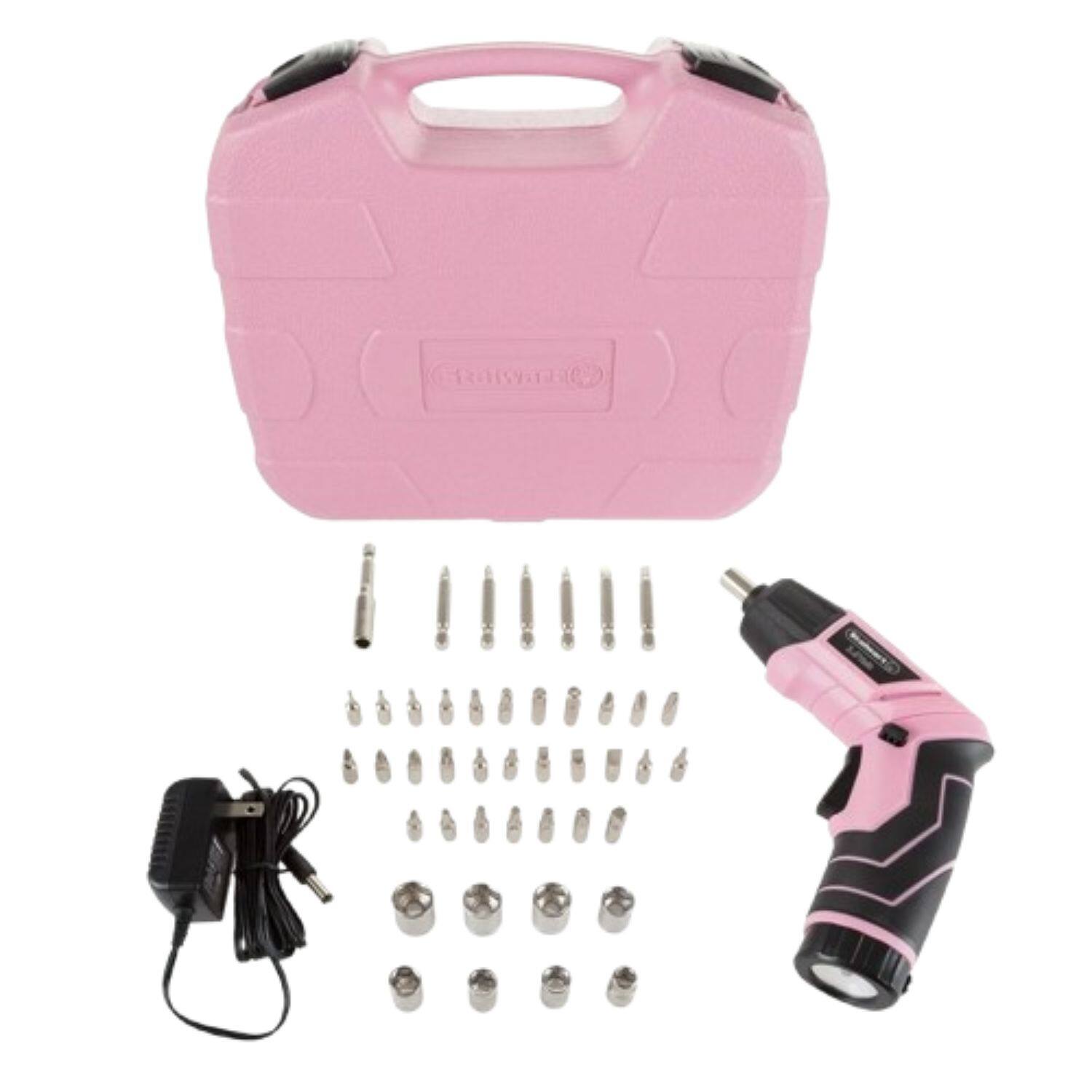 Front. Home Collection - 3.6V Rechargeable Cordless Screwdriver & Socket Set 45 Piece Girls Tool Kit.