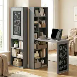 Anysun - Fold-Out Convertible Wall Mount Desk with Blackboard & Side Shelf, Space-Saving Computer Desk for Home Office - Charcoal Gray