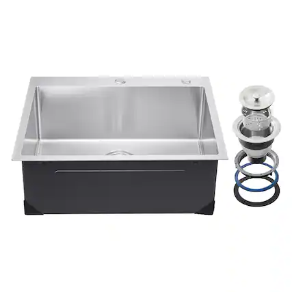 Front. VEVOR - 25 inch Kitchen Sink Workstation, 304 Stainless Steel Top Mount Sinks, Drop-In Single Bowl Farmhouse Basin - Silver.