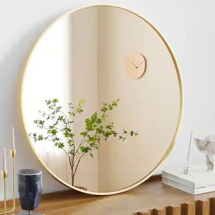 Front. Bestier - Gold 24 in. Round Wall Mirror for Over Sink, Circle Mirror for Bathroom, Entryway, Bedroom, Vanity - Gold.