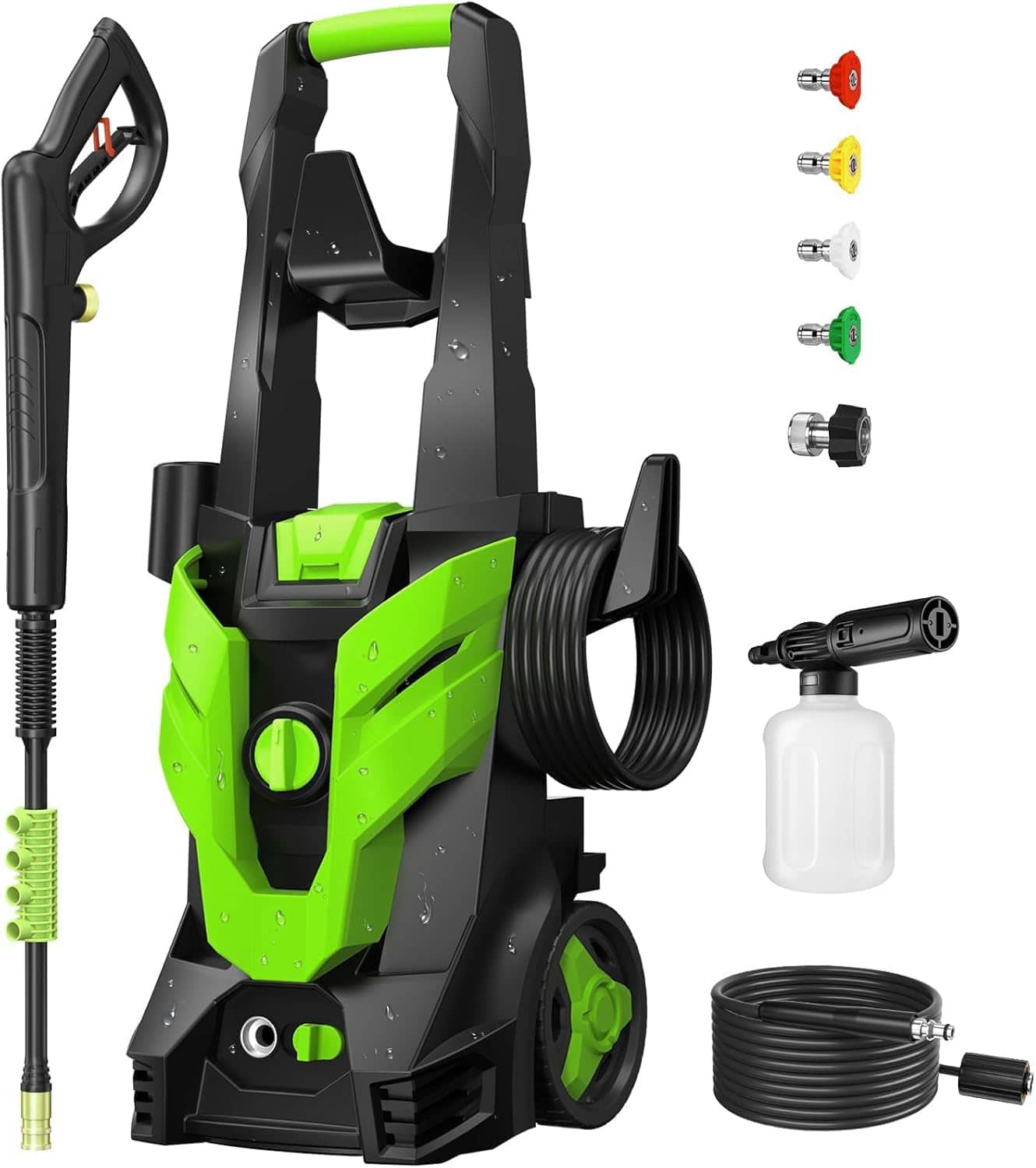 GlowWise - Pressure Washer with 4 Quick-Connect Nozzles & Foam Cannon for Cars/Fences/Driveways/Patios - Green