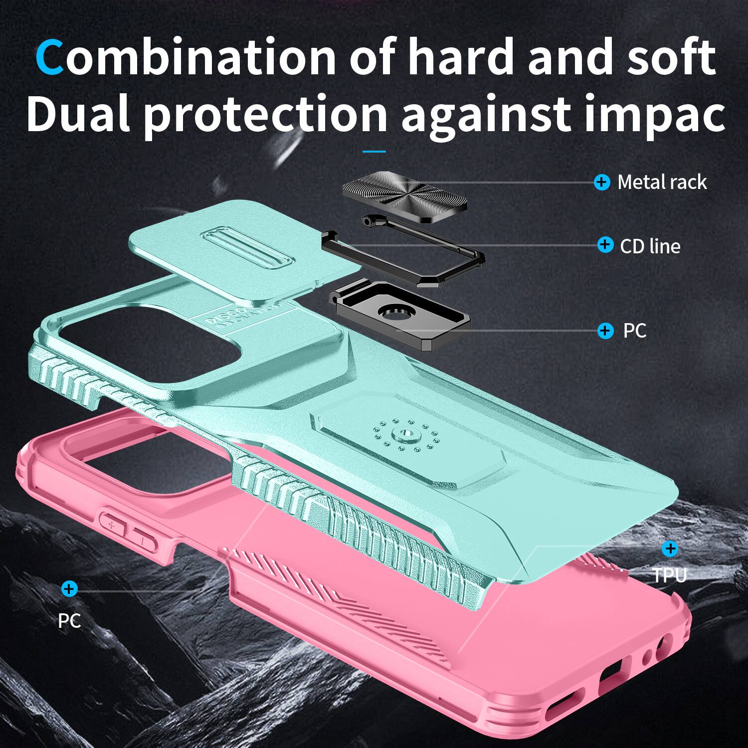 Combination of hard and soft  
Dual protection against impact

- Metal rack
- CD line
- PC
- TPU
- PC