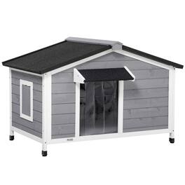 Pawhut - Dog House Outdoor, Wooden Cabin Style, Raised, Openable Roof, Bottom, Windows, Curtain, Foot Covers